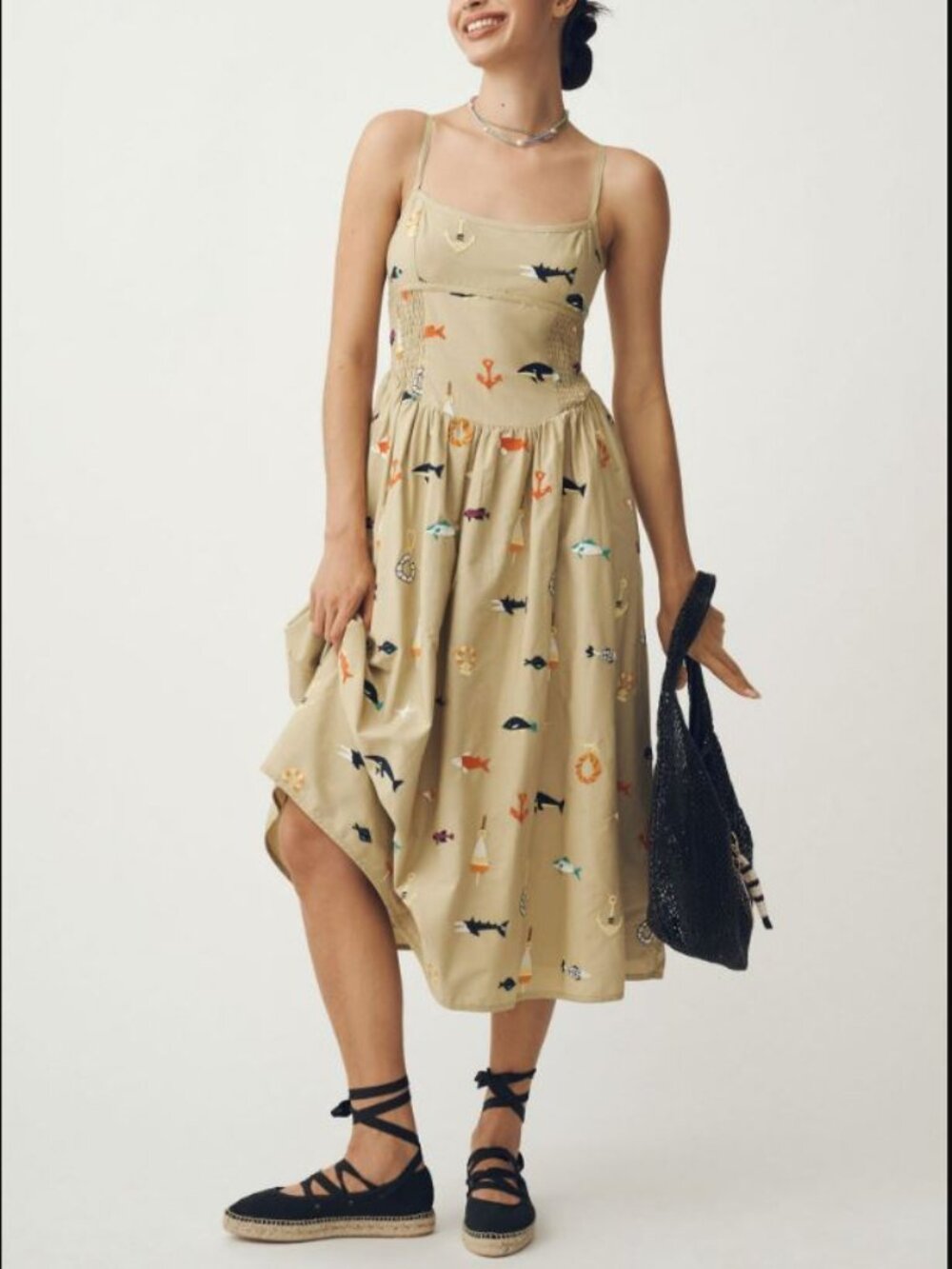 Anthropologie - Maeve Sleeveless Square-neck Drop-waist Midi Embroidered Dress